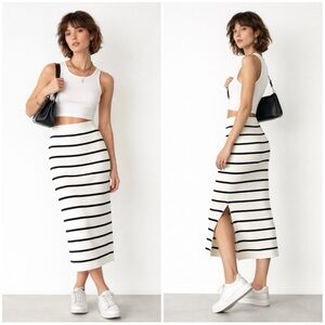 🆕 H&M Divided Rib-Knit Striped Midi Pencil Skirt